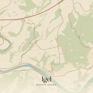 Rheinland-Pfalz, Almanya 'da bulunan Igel' in klasik duvar sanat haritası. Ormanlar, yollar, şehirler, göller ve nehirlerle ilgili hava planı.