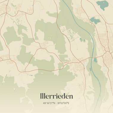 Baden-Wurttemberg, Almanya 'da bulunan Illerrieden' in klasik duvar sanat haritası. Ormanlar, yollar, şehirler, göller ve nehirlerle ilgili hava planı.