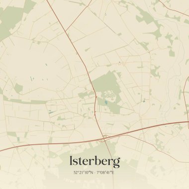 Isterberg 'in klasik duvar sanat haritası, Niedersachsen, Almanya' da. Ormanlar, yollar, şehirler, göller ve nehirlerle ilgili hava planı.