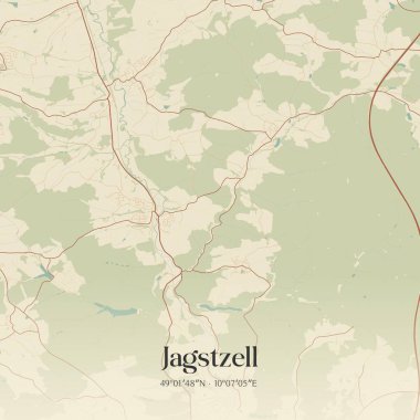 Baden-Wurttemberg, Almanya 'da bulunan Jagstzell' in klasik duvar sanat haritası. Ormanlar, yollar, şehirler, göller ve nehirlerle ilgili hava planı.