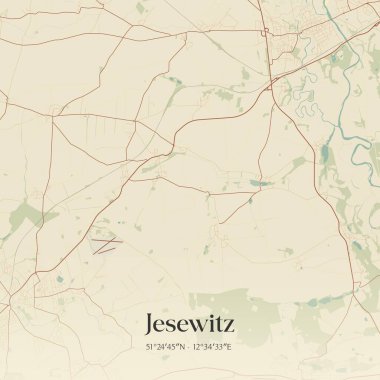 Vintage wall art map of Jesewitz, located in Sachsen, Germany. Aerial plan with forests, roads, cities, lakes and rivers. clipart