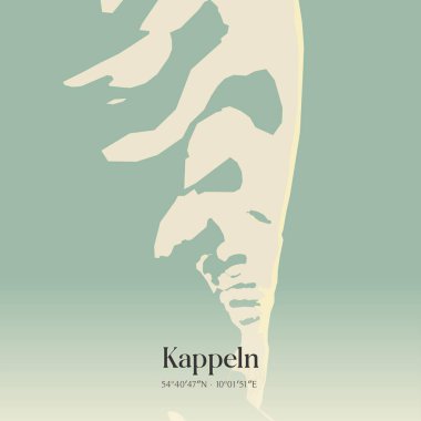 Almanya 'nın kuzeyinde Schleswig-Holstein eyâletinde bulunan Kappeln' in klasik duvar sanat haritası. Ormanlar, yollar, şehirler, göller ve nehirlerle ilgili hava planı.