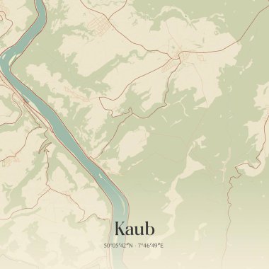 Almanya 'nın Rheinland-Pfalz şehrinde bulunan Kaub' un klasik duvar sanat haritası. Ormanlar, yollar, şehirler, göller ve nehirlerle ilgili hava planı.