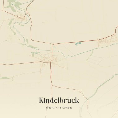 Kindelbruck 'un klasik duvar haritası, Thuringen, Almanya' da. Ormanlar, yollar, şehirler, göller ve nehirlerle ilgili hava planı.