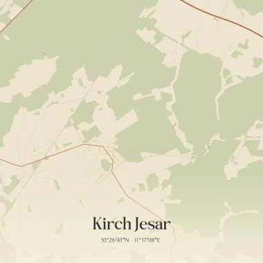 Mecklenburg-Vorpommern, Almanya 'da bulunan Kirch Jesar' ın klasik duvar sanat haritası. Ormanlar, yollar, şehirler, göller ve nehirlerle ilgili hava planı.