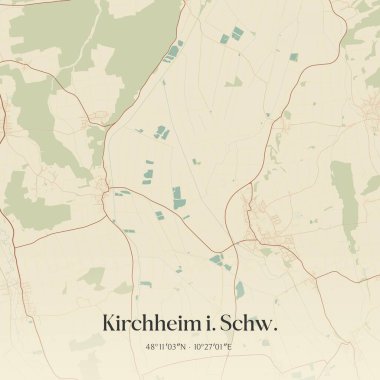 Kirchheim I 'in klasik duvar sanat haritası. Schw., Bayern, Almanya 'da. Ormanlar, yollar, şehirler, göller ve nehirlerle ilgili hava planı.
