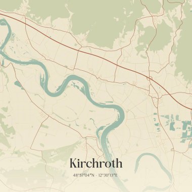 Kirchroth 'un klasik duvar sanat haritası, Almanya Bayern' de. Ormanlar, yollar, şehirler, göller ve nehirlerle ilgili hava planı.