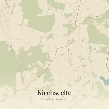 Kirchseelte 'in klasik duvar sanat haritası, Niedersachsen, Almanya' da. Ormanlar, yollar, şehirler, göller ve nehirlerle ilgili hava planı.