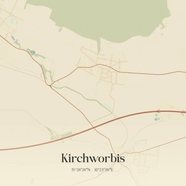 Kirchworbis 'in klasik duvar haritası, Thuringen, Almanya' da. Ormanlar, yollar, şehirler, göller ve nehirlerle ilgili hava planı.