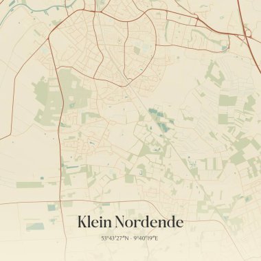 Klein Nordende 'nin klasik duvar sanat haritası Almanya' nın kuzeyinde Schleswig-Holstein eyâletinde. Ormanlar, yollar, şehirler, göller ve nehirlerle ilgili hava planı.
