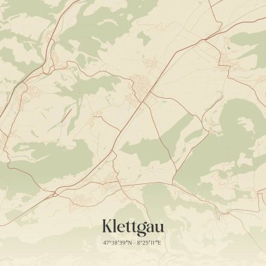 Baden-Wurttemberg, Almanya 'da bulunan Klettgau' nun klasik duvar sanat haritası. Ormanlar, yollar, şehirler, göller ve nehirlerle ilgili hava planı.