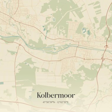 Vintage wall art map of Kolbermoor, located in Bayern, Germany. Aerial plan with forests, roads, cities, lakes and rivers. clipart