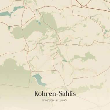 Vintage wall art map of Kohren-Sahlis, located in Sachsen, Germany. Aerial plan with forests, roads, cities, lakes and rivers. clipart