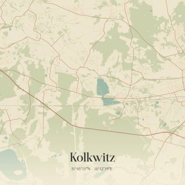 Brandenburg, Almanya 'da bulunan Kolkwitz' in klasik duvar sanat haritası. Ormanlar, yollar, şehirler, göller ve nehirlerle ilgili hava planı.