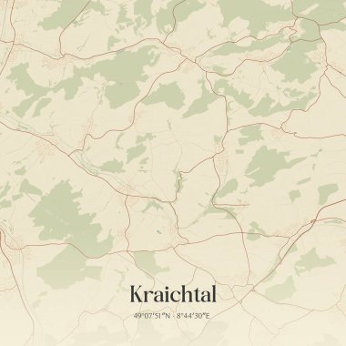 Kraichtal 'ın klasik duvar sanat haritası, Baden-Wurttemberg, Almanya' da. Ormanlar, yollar, şehirler, göller ve nehirlerle ilgili hava planı.