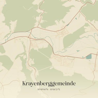 Krayenberggemeinde 'nin klasik duvar haritası, Almanya, Thuringen' de. Ormanlar, yollar, şehirler, göller ve nehirlerle ilgili hava planı.