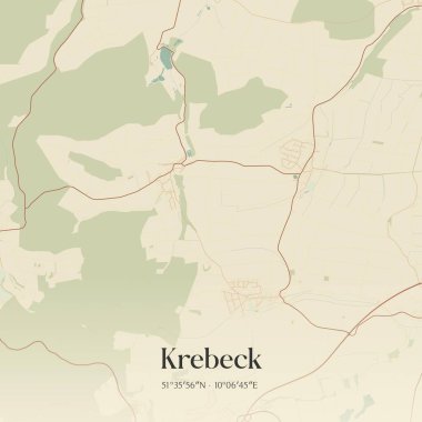 Krebeck 'in klasik duvar sanat haritası, Niedersachsen, Almanya' da. Ormanlar, yollar, şehirler, göller ve nehirlerle ilgili hava planı.