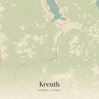 Kreuth 'un Almanya' nın Bayern kentinde bulunan klasik duvar sanat haritası. Ormanlar, yollar, şehirler, göller ve nehirlerle ilgili hava planı.