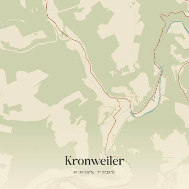 Rheinland-Pfalz, Almanya 'da bulunan Kronweiler' ın klasik duvar sanat haritası. Ormanlar, yollar, şehirler, göller ve nehirlerle ilgili hava planı.
