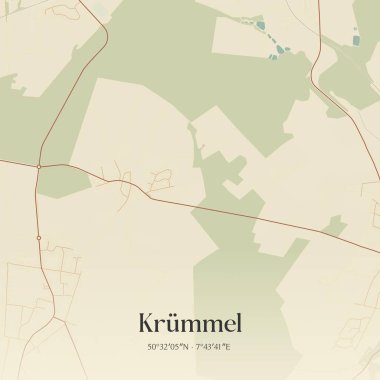 Almanya 'nın Rheinland-Pfalz kentinde bulunan Krummel' in klasik duvar sanat haritası. Ormanlar, yollar, şehirler, göller ve nehirlerle ilgili hava planı.