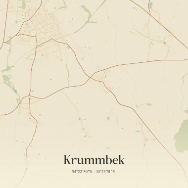 Almanya 'nın kuzeyinde Schleswig-Holstein eyâletinde bulunan Krummbek' in klasik duvar sanat haritası. Ormanlar, yollar, şehirler, göller ve nehirlerle ilgili hava planı.