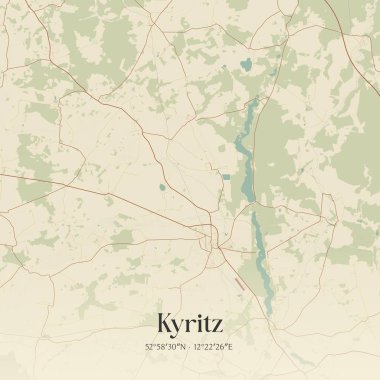 Brandenburg, Almanya 'da bulunan Kyritz' in klasik duvar sanat haritası. Ormanlar, yollar, şehirler, göller ve nehirlerle ilgili hava planı.
