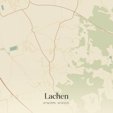 Almanya Bayern 'de bulunan Lachen' in klasik duvar sanat haritası. Ormanlar, yollar, şehirler, göller ve nehirlerle ilgili hava planı.