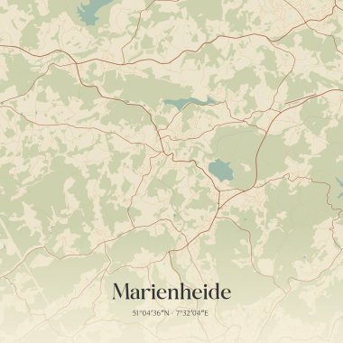 Vintage wall art map of Marienheide, located in Nordrhein-Westfalen, Germany. Aerial plan with forests, roads, cities, lakes and rivers. clipart