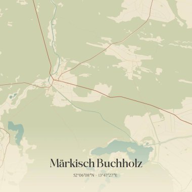 Brandenburg, Almanya 'da bulunan Markisch Buchholz' un klasik duvar sanat haritası. Ormanlar, yollar, şehirler, göller ve nehirlerle ilgili hava planı.