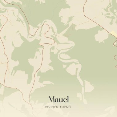 Mauel 'in klasik duvar sanat haritası, Rheinland-Pfalz, Almanya' da. Ormanlar, yollar, şehirler, göller ve nehirlerle ilgili hava planı.