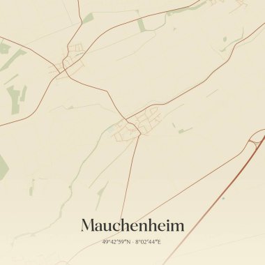 Mauchenheim 'ın klasik duvar sanat haritası, Rheinland-Pfalz, Almanya' da. Ormanlar, yollar, şehirler, göller ve nehirlerle ilgili hava planı.