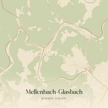 Vintage wall art map of Mellenbach-Glasbach, located in Thuringen, Germany. Aerial plan with forests, roads, cities, lakes and rivers. clipart