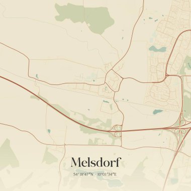 Almanya 'nın kuzeyinde Schleswig-Holstein eyâletinde bulunan Melsdorf' un klasik duvar sanat haritası. Ormanlar, yollar, şehirler, göller ve nehirlerle ilgili hava planı.