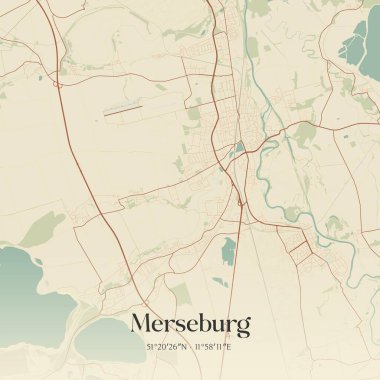 Merseburg 'un klasik duvar sanat haritası, Sachsen-Anhalt, Almanya' da. Ormanlar, yollar, şehirler, göller ve nehirlerle ilgili hava planı.