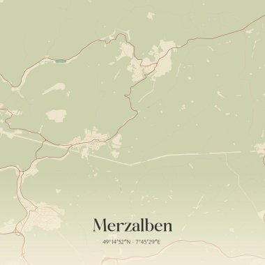 Vintage wall art map of Merzalben, located in Rheinland-Pfalz, Germany. Aerial plan with forests, roads, cities, lakes and rivers. clipart