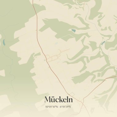 Muckeln 'in klasik duvar sanat haritası, Rheinland-Pfalz, Almanya' da. Ormanlar, yollar, şehirler, göller ve nehirlerle ilgili hava planı.