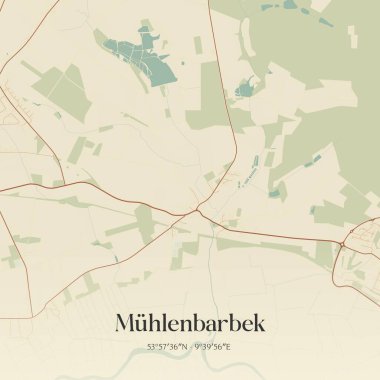 Almanya 'nın kuzeyinde Schleswig-Holstein eyâletinde Muhlenbarbek' in klasik duvar sanat haritası. Ormanlar, yollar, şehirler, göller ve nehirlerle ilgili hava planı.