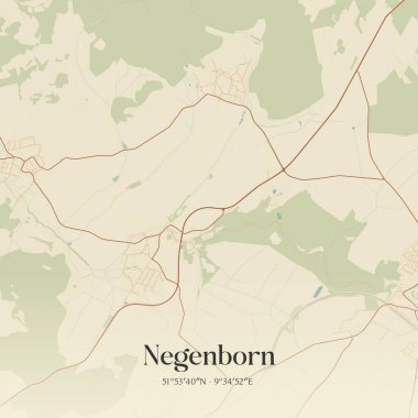 Niedersachsen, Almanya 'da bulunan Negenborn' un klasik duvar sanat haritası. Ormanlar, yollar, şehirler, göller ve nehirlerle ilgili hava planı.