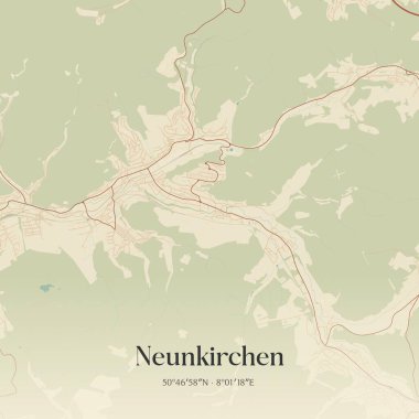 Vintage wall art map of Neunkirchen, located in Nordrhein-Westfalen, Germany. Aerial plan with forests, roads, cities, lakes and rivers. clipart