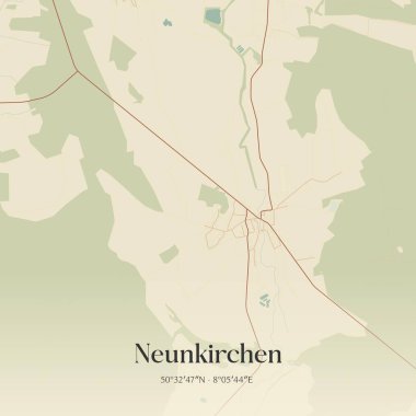 Vintage wall art map of Neunkirchen, located in Rheinland-Pfalz, Germany. Aerial plan with forests, roads, cities, lakes and rivers. clipart