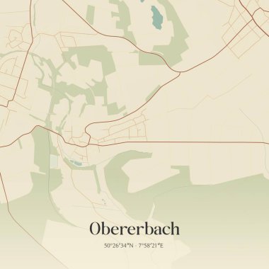 Rheinland-Pfalz, Almanya 'da bulunan Obererbach' ın klasik duvar sanat haritası. Ormanlar, yollar, şehirler, göller ve nehirlerle ilgili hava planı.