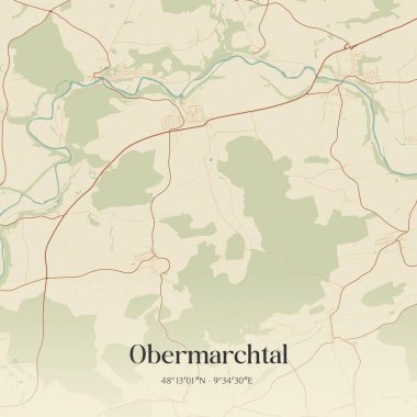 Vintage wall art map of Obermarchtal, located in Baden-Wurttemberg, Germany. Aerial plan with forests, roads, cities, lakes and rivers. clipart