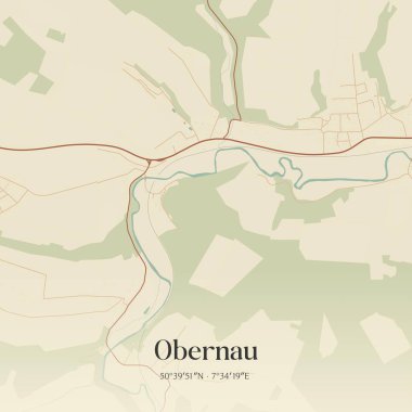 Vintage wall art map of Obernau, located in Rheinland-Pfalz, Germany. Aerial plan with forests, roads, cities, lakes and rivers. clipart