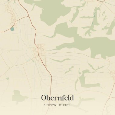 Niedersachsen, Almanya 'da bulunan Obernfeld' in klasik duvar sanat haritası. Ormanlar, yollar, şehirler, göller ve nehirlerle ilgili hava planı.