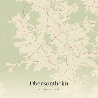 Baden-Wurttemberg, Almanya 'da bulunan Obersontheim' in klasik duvar sanat haritası. Ormanlar, yollar, şehirler, göller ve nehirlerle ilgili hava planı.