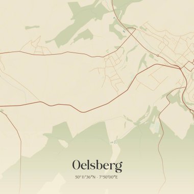 Rheinland-Pfalz, Almanya 'da bulunan Oelsberg' in klasik duvar sanat haritası. Ormanlar, yollar, şehirler, göller ve nehirlerle ilgili hava planı.