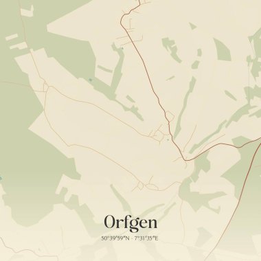 Rheinland-Pfalz, Almanya 'da bulunan Orfgen' in klasik duvar sanat haritası. Ormanlar, yollar, şehirler, göller ve nehirlerle ilgili hava planı.