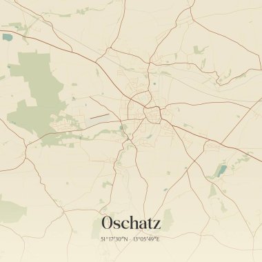 Vintage wall art map of Oschatz, located in Sachsen, Germany. Aerial plan with forests, roads, cities, lakes and rivers. clipart