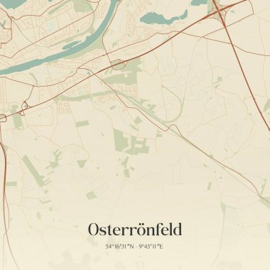Almanya 'nın kuzeyinde Schleswig-Holstein eyâletinde bulunan Osterronfeld' in klasik duvar sanat haritası. Ormanlar, yollar, şehirler, göller ve nehirlerle ilgili hava planı.
