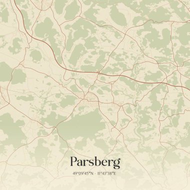 Almanya, Bayern 'de bulunan Parsberg' in klasik duvar sanat haritası. Ormanlar, yollar, şehirler, göller ve nehirlerle ilgili hava planı.